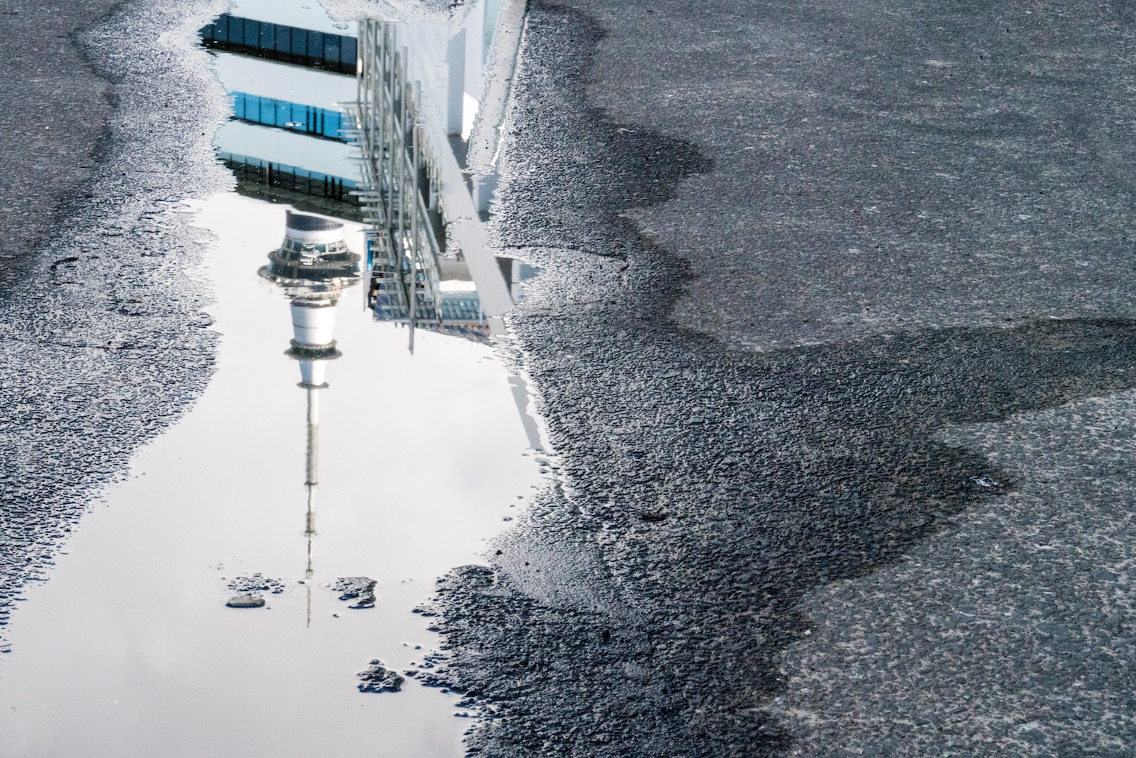 Auckland Rainy Day Skytower Puddle Reflection