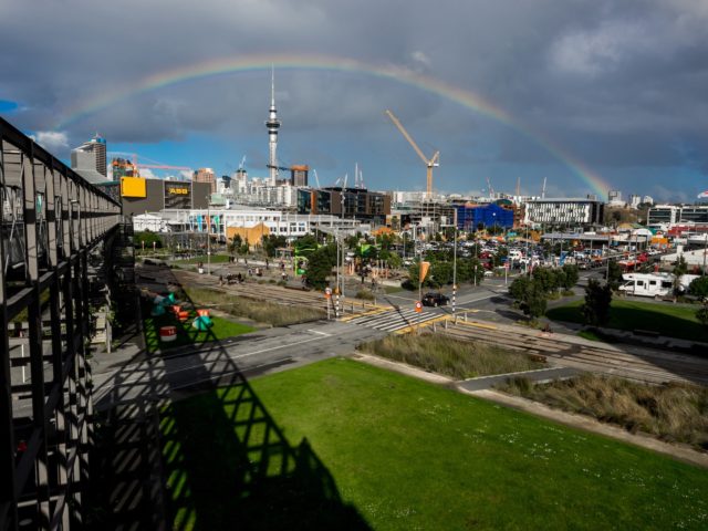 Auckland Rainy Day Rainbow Skyline